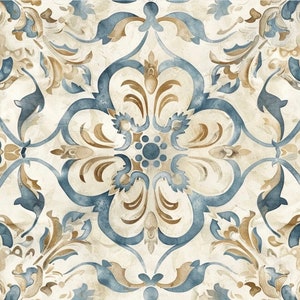 May include: A decorative tile with a blue and brown floral pattern. The tile has a vintage, distressed look.