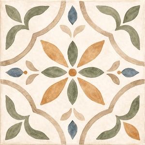 May include: Square tile with a repeating floral pattern. The design features a central flower with orange, green, and brown petals, surrounded by curved brown lines and leaf-like shapes in green and blue against a cream background.