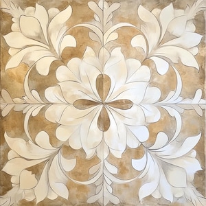 May include: A square tile with a beige background and a white floral design. The design features intricate swirls and leaves, creating a symmetrical pattern.