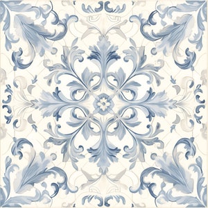 May include: A white tile with a blue and gray floral pattern. The pattern is symmetrical and features intricate details.