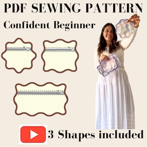 May include: PDF sewing pattern for a zippered pouch with three different shapes: a star, a rectangle, and a wavy shape. The pattern is for a confident beginner and includes a video tutorial.
