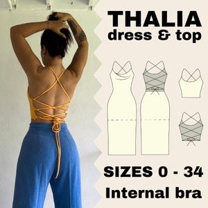 Thalia dress and top Sewing Pattern, backless with internal bra.