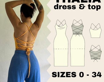 Molde para costura do vestido e blusa Thalia, modelo sem costas com sutiã interno.