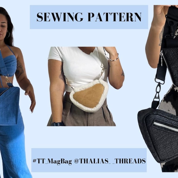 Mag Bag PDF Sewing Pattern, DIY handbag tutorial, 3 sizes: small, medium, and large. 3 strap options. Triangle shaped. Instant download.