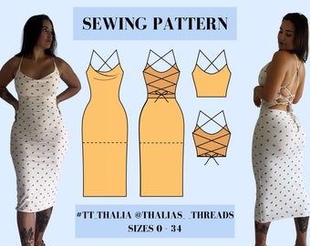 Thalia Dress & Top Digital PDF Sewing Pattern (Midi, Mini, Crop Top Length) Size Inclusive 0-34, Scoop and Cowl Neck, Backless