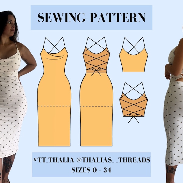 Thalia Dress & Top Digital PDF Sewing Pattern (Midi, Mini, Crop Top Length) Size Inclusive 0-34, Scoop and Cowl Neck, Backless