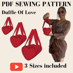 Duffle of Love PDF sewing pattern. Heart shaped bag. DIY bag making tutorial, 3 sizes: small, large, extra large. YouTube video tutorial.