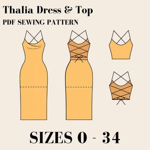 PDF PDF Schnittmuster für Kleid & Top (Midi, Mini, Crop Top Länge) Größe inklusive 0-34, U-Ausschnitt und Wasserfallausschnitt, rückenfrei