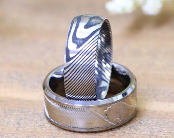 Tungsten Carbide Mokume-Gane Wedding Band, Burl Wood Grain Texture Ring, Men's Engagement Ring, Promise  Ring, Anniversary Rings