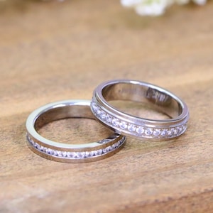 Ladies Titanium Ring, Silver Titanium Wedding Bands, Womens Anniversary Ring, Engagement Ring Stackable Wedding Ring CZ Diamond Ring for Her