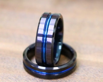 Blue Inlay Comfort Fit Wedding Band Black Tungsten Ring, His Her 6mm-8mm Tungsten Ring, Band For Men, Anniversary Ring, Christmas Band