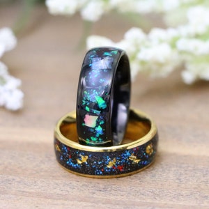 Galaxy Opal Tungsten Wedding Ring, Wedding Ring, Opal Wedding Band, Woman Wedding Ring, Gold Tungsten Anniversary Ring, Black Tungsten Rings