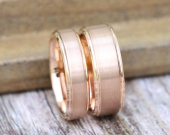 Rose Gold Tungsten Ring, Brushed Center, Stepped Edge, Comfort Fit, IP Plated Wedding Engagement Ring For Men, Couple Band