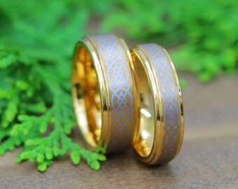 Gold Celtic Tungsten Wedding Bands, 8mm/6mm Comfort Fit Knot Rings