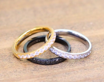 3mm Wedding Ring, Black Wedding Ring, CZ Wedding Ring, Womens Anniversary Ring, Engagement Ring, Titanium Wedding Ring Eternity Wedding Ring