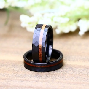 Black Tungsten Wedding Band, Hawaiian Koa Wood Inlay Pipe Cut Hammered Engagement Ring, Custom Engraved Anniversary Gift, Wooden Couple Ring