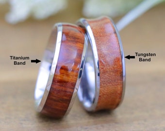 8mm Wood Titanium Wedding Ring, Koa Wood Tungsten Wedding Ring, Titanium Ring with Rosewood Inlay, Anniversary Ring, Promise Ring for Him