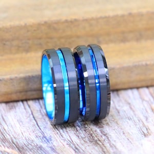 Mens Wedding Band Blue Ring, Beveled Black Tungsten Wedding Band Mens Ring Blue Groove, Thin Blue Line Gifts Police Ring, Unique Men&#39;s Ring
