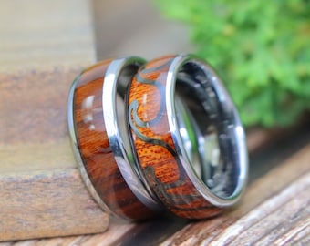 Tungsten Wedding Band Set, Koa Wood Inlay, Promise Rings, Match His and Hers Rings, Silver and Rosewood Engagement Ring, Men's Promise Ring