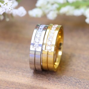 Yellow Gold Titanium Wedding Ring, CZ Diamonds Wedding Ring, Engagement Ring, CZ Titanium Ring, Unique Wedding Ring, Silver Titanium Rings