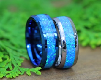 Tungsten Carbide Ring, Blue Green Opal Inlay, Comfort Fit Wedding Band, Fire Opal Mens Ring, Silver Engagement Rings, Anniversary Ring