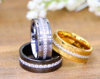 CZ Diamond Tungsten Anniversary Ring, Men&#39;s Diamond Wedding Band, Engagement Band, Women&#39;s Gold Tungsten Ring, Diamond Band, Men&#39;s Gift Ring