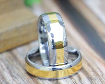 Two Tone Tungsten Wedding Band Set, Domed Gold Center, Comfort Fit Men's Engagement Rings, His & Her Birthday Gift