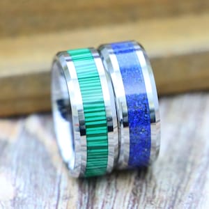 Faux Anniversary Ring, Tungsten Promise Ring, Men Women Tungsten Ring, 8mm Blue Tungsten Ring, Lapis Lazuli Inlay Beveled Edge Tungsten Ring