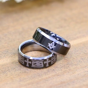 Celtic Silver Tungsten Ring, 8mm Cross Religious Wedding Band Black Tungsten Band Ring with Masonic Symbol Inlay Engagement Ring, Men&#39;s Ring