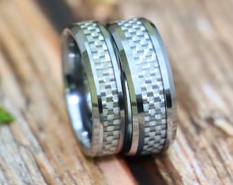 White Carbon Fiber Inlaid Tungsten Couple's Matching Wedding Band, Silver Couple Ring, Anniversary Gift for Husband, Christmas Gifts