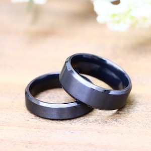 Black Zirconium Wedding Band, Men Women Promise Ring, Engagement Ring, Anniversary Bands, Engraved Personalized Gift, Couple Zirconium Ring