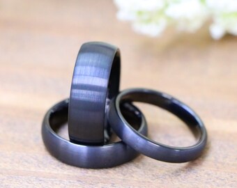 Black Obsidian Brushed Tungsten Wedding Ring His and Hers, 4mm/6mm/8mm Bands, Matte Black Tungsten Ring, Matching Wedding Band, Promise Ring