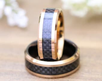 Mens Wedding Band, Rose Gold Black Carbon Fiber Tungsten Rings, Her Engagement Ring, Couple Ring, Anniversary Gifts, Christmas Gift