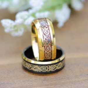 Titanium Wedding Ring Celtic Dragon Ring Celtic Tungsten Ring Black Tungsten Ring Celtic Knot Wedding Ring Men&#39;s Wedding Ring Rose Wood Ring