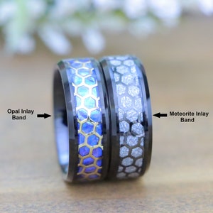 Meteorite with Hive Pattern Inlay, Blue Opal Inlay with Gold Plated Honeycomb Pattern Black Tungsten Wedding Ring, Engraved Anniversary Ring