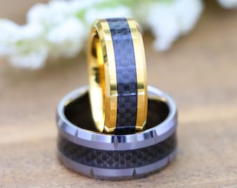 8mm Gold Tungsten Carbon Fiber Ring, Men's and Women's Wedding Band, Anniversary Ring For Husband, Christmas Gift
