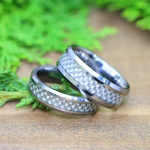 White Carbon Fiber Inlaid Tungsten Couple&#39;s Matching Wedding Band, Silver Tungsten Wedding Ring, Couple Ring, Anniversary Gift for Husband