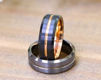 Gunmetal Wedding Rings, Rose Gold Black Wedding Band for Men, 8mm Brushed Tungsten Ring for Man Engagement Rings, Dark Grey Tungsten Rings