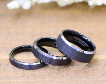 His and Hers Tungsten Wedding Band, 4mm-6mm-8mm Black Tungsten Ring, Men's Engagement Ring, Couple Promise Ring, Silver Polished Edges Inlay