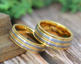 Silver Wedding Band for Mens, Wedding Ring For Couple, Tungsten with Gunmetal Color 2 Stripes Center Wedding Ring, Gold Tungsten Couple Ring