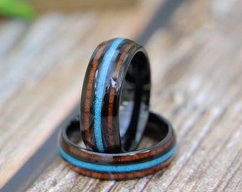 Mens Turquoise Wedding Band, Wood Wedding Ring, Unique Wood & Turquoise Inlay Tungsten Ring, Womens Tungsten Wedding Band, Wood Wedding Ring