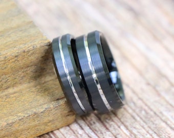 Black Couple Ring, Mens Wedding Band, 6mm-8mm Engagement Ring, Black & Silver Wedding Ring, Gift for Anniversary, Ring for Couple, Mens Band