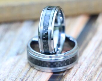 Black Carbon Fiber Tungsten Ring, Comfort Fit Band, Thick Men's Rings, Wedding Bands, Couple Matching Engagement Band, Christmas Gift