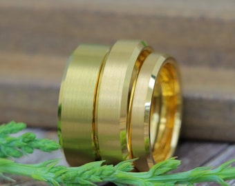 Yellow Gold Tungsten Wedding Band Set, Flat Brushed Couple Rings, His and Hers Engagement Ring, 8mm 6mm 4mm Bands, Christmas Gift