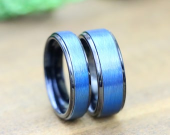 Blue Tungsten Matching Couple Rings, His and Hers Wedding Bands, Mens Tungsten Wedding Band, Women's Promise Ring, Wire Brushed Finish Ring