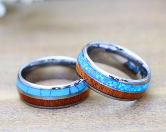 Hawaiian Koa & Blue Turquoise Inlay Rings, Koa Wood Inlay Wedding Ring, Fire Blue Opal Wedding Ring, Anniversary Ring for Men, Wedding Band