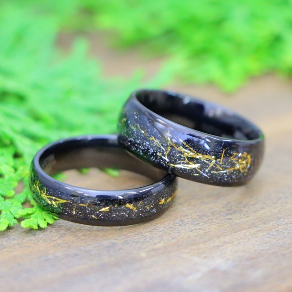 Meteorite Wedding Ring, Black Tungsten Couple's Matching Wedding Band, Couple Anniversary Rings, Yellow Gold Meteorite Men's Engagement Ring