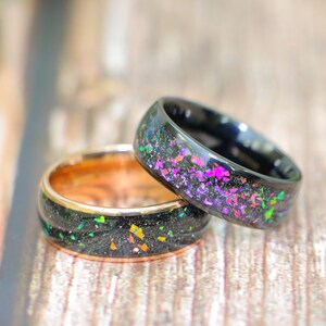 Domed Engagement Ring Galaxy Opal Inlay Black Tungsten Men&#39;s Wedding Band Abalone Wedding Ring Rose Gold Mens Rings Women&#39;s Opal Inlay Rings