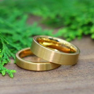 Matte Gold Wedding Rings, Thin Flat Ring, Yellow Gold Tungsten Ring, Simple 4mm-6mm Man Woman Wedding Band, Minimalist Custom Engraved Ring