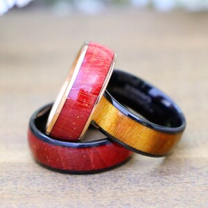 Red Wood Wedding Ring, Black Tungsten Wedding Ring, Wood Anniversary Ring, Engagement Ring, Wooden Wedding Band, Rose Gold Engagement Rings